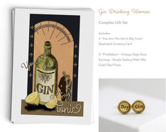 Gin Drinking Woman - Complete Gift Set For Gin Lover - Greeting Card and Earrings