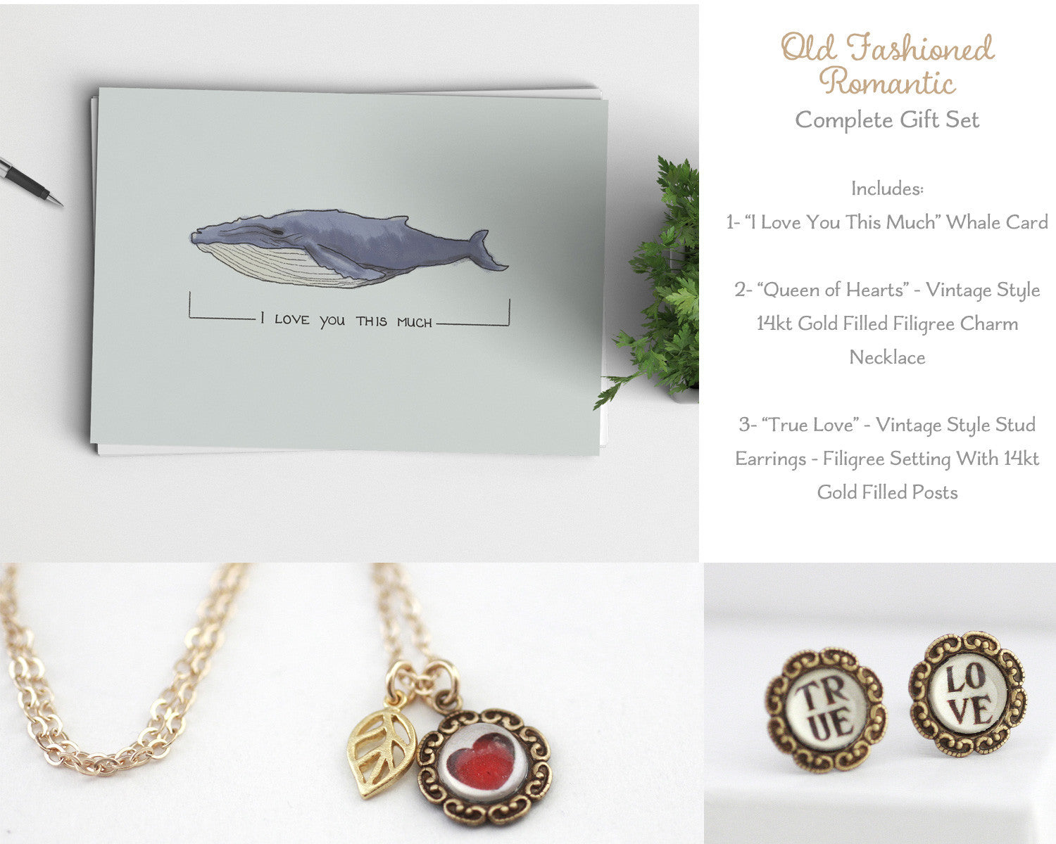 Old Fashioned Romantic - Vintage Style Charm Necklace, Earring, & Greeting Card Set